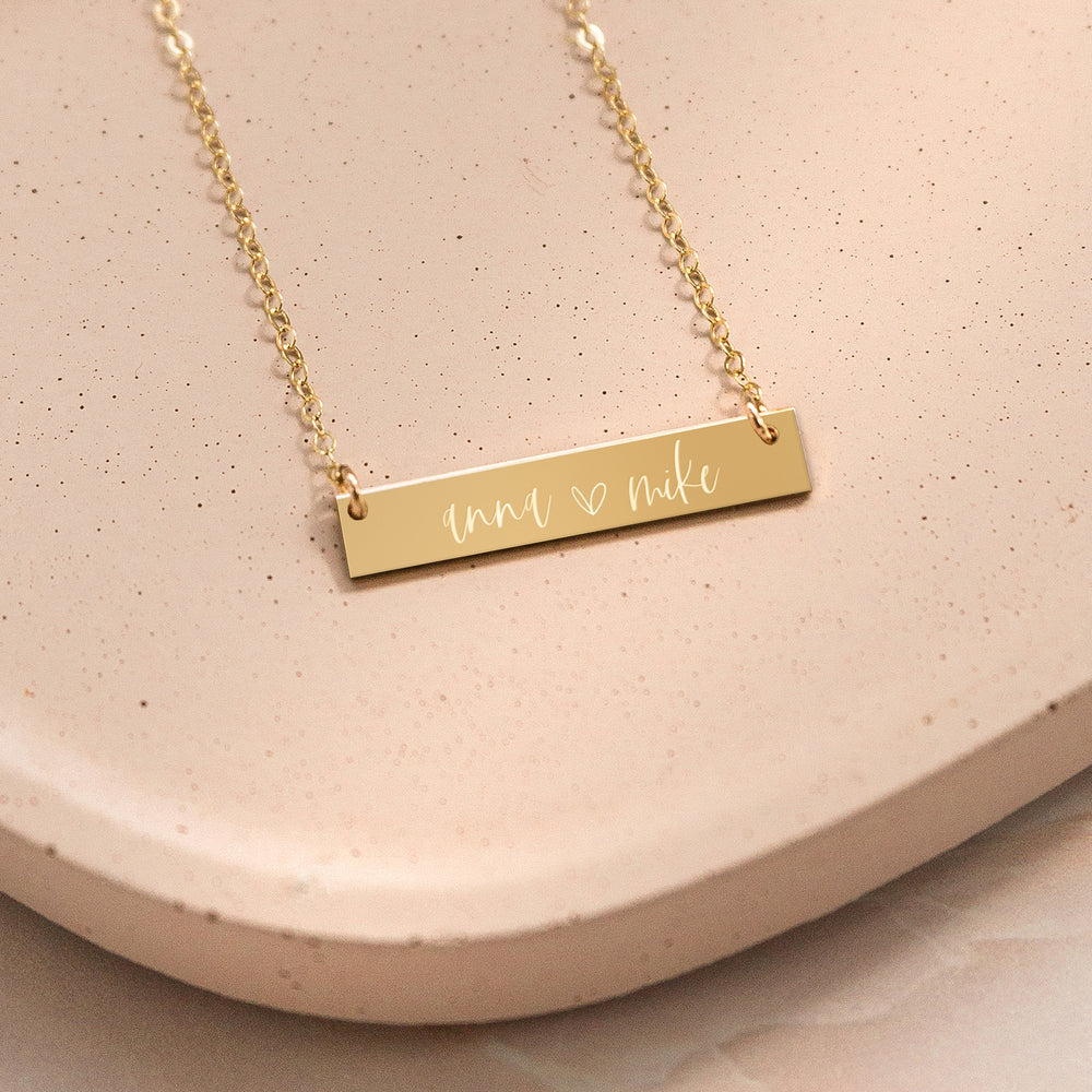 
            
                Load image into Gallery viewer, Personalized Couple Names With Heart Bar Necklace
            
        